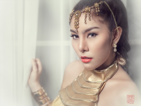 Beauty - woman, girl, jewel, asian, model, face, oriental, golden, chakrit chanpen