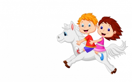 Have a funny day! - pony, couple, girl, day, child, white, horse, children, boy, card, cute