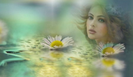 Girl and Flowers - woman, girl, serene, female, fantasy, art, pretty, reflection, figure, beautiful, digital, flowers, daisies