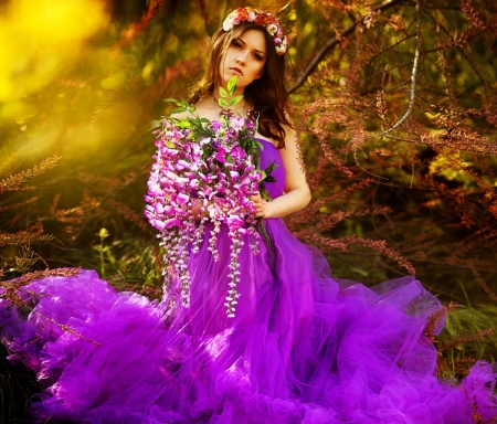 Pretty Face - dress, girl, bouquet, brown hair