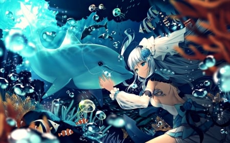 Friends - cute, anime, girl, blue, manga, kurosawalena, dolphin, orange, underwater