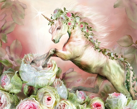 Unicorn and a rose - carol cavalaris, flower, pink, horse, fantasy, white, green, unicorn, art, luminos