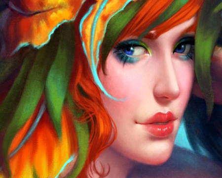 Nymph - woman, beauty, girl, frumusete, fantasy, face, art, luminos, blue, orange, green, nymph