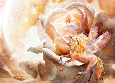 Rose for a unicorn - carol cavalaris, pegasus, flower, pink, orange, rose for a unicorn, horse, fantasy, wings, art, luminos