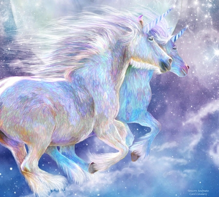 Unicorns soulmates - sky, couple, fantasy, art, horse, carol cavalaris, luminos, pink, blue, unicorns soulmates