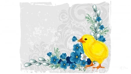 Spring Chick - easter, chick, vintage, flowers, spring, vector, chicken