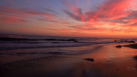 Blaze of Sunset - shore, sunset, beach, sunrise, sky