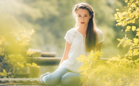 Beauty - sitting, rays, morning, autumn, eyes, jeans, model, legs, face, lights