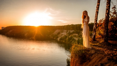 Blonde - autumn, girl, mood, birch, sunset, model