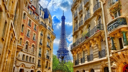 eifel tower between buildings in paris hdr - moument, tower, hdr, buildings, sky