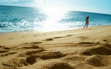 girl in bikini running on a sunny beach - sunny, running, beach, bikini, girl, sea