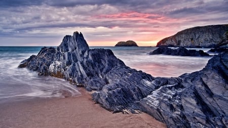 rocky beach pink sunset beauty hdr