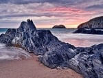 rocky beach pink sunset beauty hdr