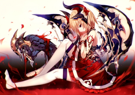 Vampire Girl - anime, female, dress, long hair, red, anime girl, beautiful, girl, blonde hair, beauty, lovely, vampire, black, lady, woman, wings, cute