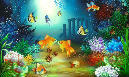 Underwater world - pretty, water, beautiful, fishes, algae, deep, colorful, coral, world, underwater