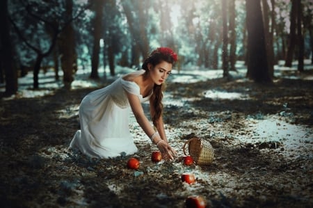 Forest Girl - apples, forest, fruits, woman