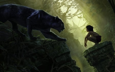 The Jungle Book (2016) - the jungle book, Mowgli, child, boy, black, fantasy, animal, movie, Bagheera, panther, disney