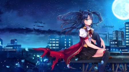 Under the moonlight - moon, girl, pretty, full moon, light, city, anime, buildings