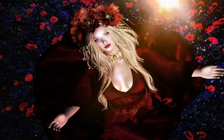 Blonde beauty - poppy, girl, blonde, beauty, flower, frumusete, fantasy, red, woman, rendering, luminos