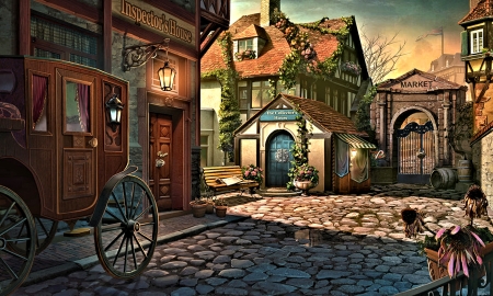 Little Town - carriage, art, house, town