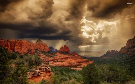 heavy storm clouds above sedona - sedona, storm, canyon, clouds