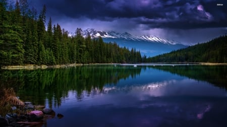 stormy clouds above the peaceful mountain lake - lake, tree, cloud, storm