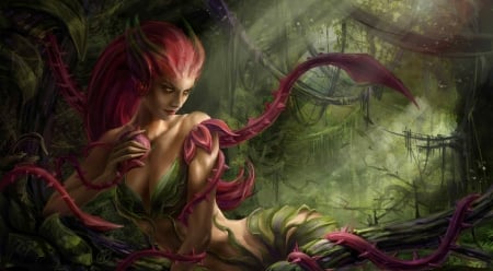 Zyra - abstract, female, beautiful, beauty, forest, pink, flowers, fantasy, lady, fantasy woman, green, woman, cute, pink hair, art