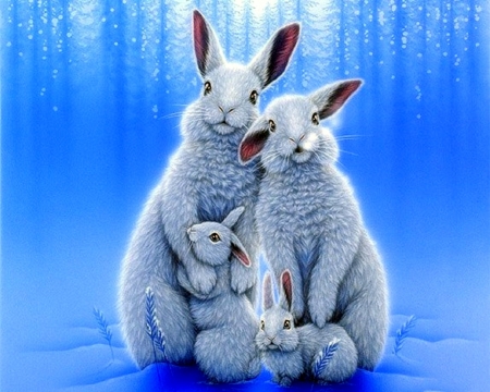 Warmth of Family - love four seasons, winter, animals, xmas and new year, blue, family, rabbits, paintings, snow