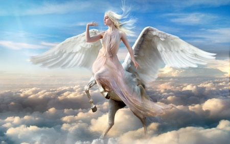 Pegasus - clouds, wings, fantasy, blonde, cg