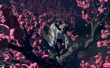 Spring dance - yuliuyang, anime, sakura, girl, night, pink, tree, black, manga, fantasy, dance, luminos