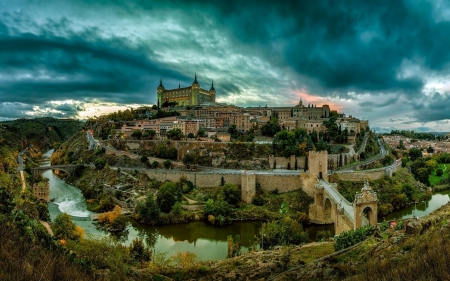 Toledo, Spain - sky, houses, castle, clouds, city, buildings