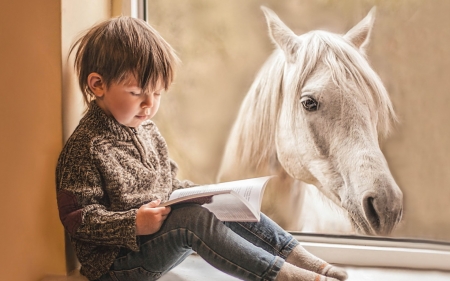 Curious - child, funny, book, curious, white, window, horse, boy, animal