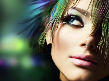 Beauty - woman, beauty, girl, model, peacock, face, purple, blue, green, feather