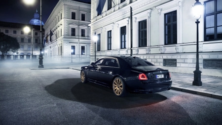 rolls royce on a foggy night in london - black, car, fog, city, night