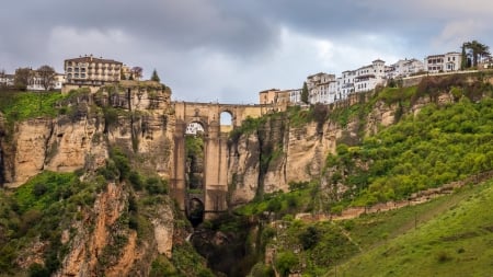 bridge over chasm in mountaintop town of ronda spain - town, cliffs, chasm, mountain, bridge