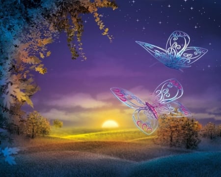 Fantastic dreams - sky, butterfly, fantasy, sunrise