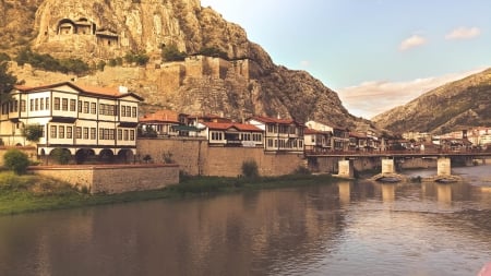 Village - village, lake, mountain, peaceful, old