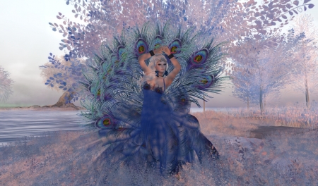 Peacock girl - tasha fearsum, woman, rendering, girl, fantasy, peacock, game, blue, feather, dress, blonde