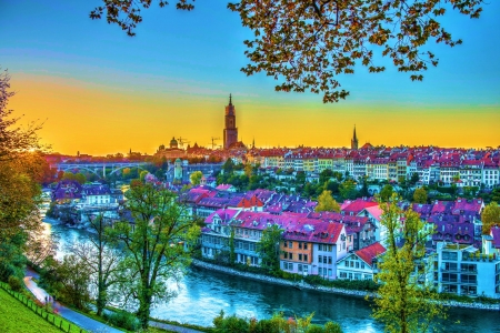 Bern, Switzerland - river, trees, sunset, colors, city, houses, sky, capital