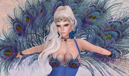 Peacock girl - game, blue, girl, blonde, feather, beauty, tail, fantasy, peacock, green, woman, rendering, tasha fearsum, luminos