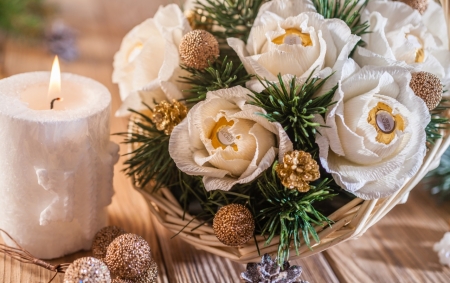 Still Life - flowers, candle, basket, candy