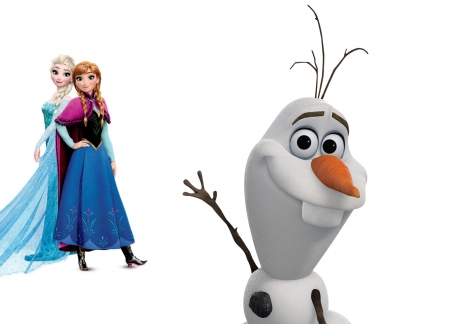 Elsa, Anna and Olaf - snowman, blue, olaf, pink, snow queen, fantasy, anna, sister, movie, princess, elsa, disney