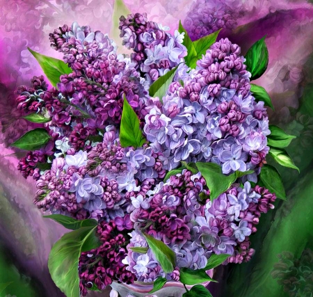 Lilac - carol cavalaris, spring, flower, pink, pictura, purple, green, painting, art, luminos