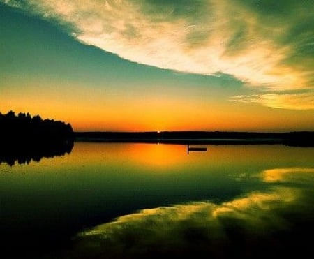 Reflection - reflection, clouds, boat, trees, sunset, sea, nature