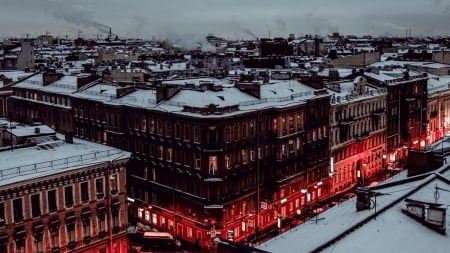 roofs of st. petersburg on a winter evening - evening, roofs, smoke, winter, city, streets