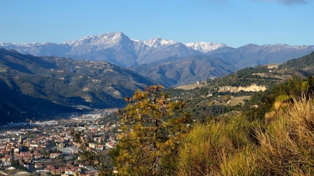 beautiful valley town - mountains, town, panorama, valley, trees