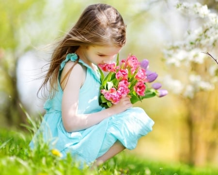 Cute Girl - tulips, flowers, spring, brown hair