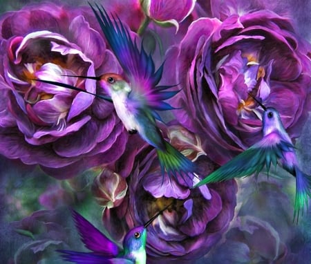 A rose named violette - bird, humming-bird, carol cavalaris, colibri, blue, flower, pink, pictura, fantasy, purple, green, painting, a rose named violette, art