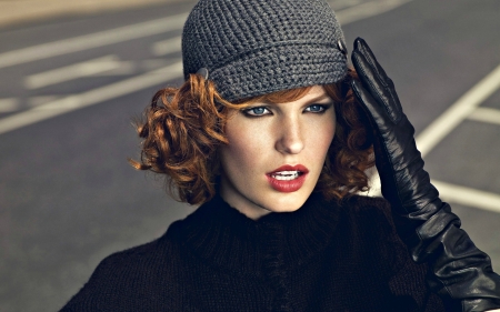 Beauty - hat, winter, fashion, girl, beauty, black, redhead, autumn, woman, model, face, gloves