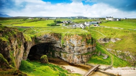 stream through cave under green meadow - sky, cave, meadow, strem, village, grass